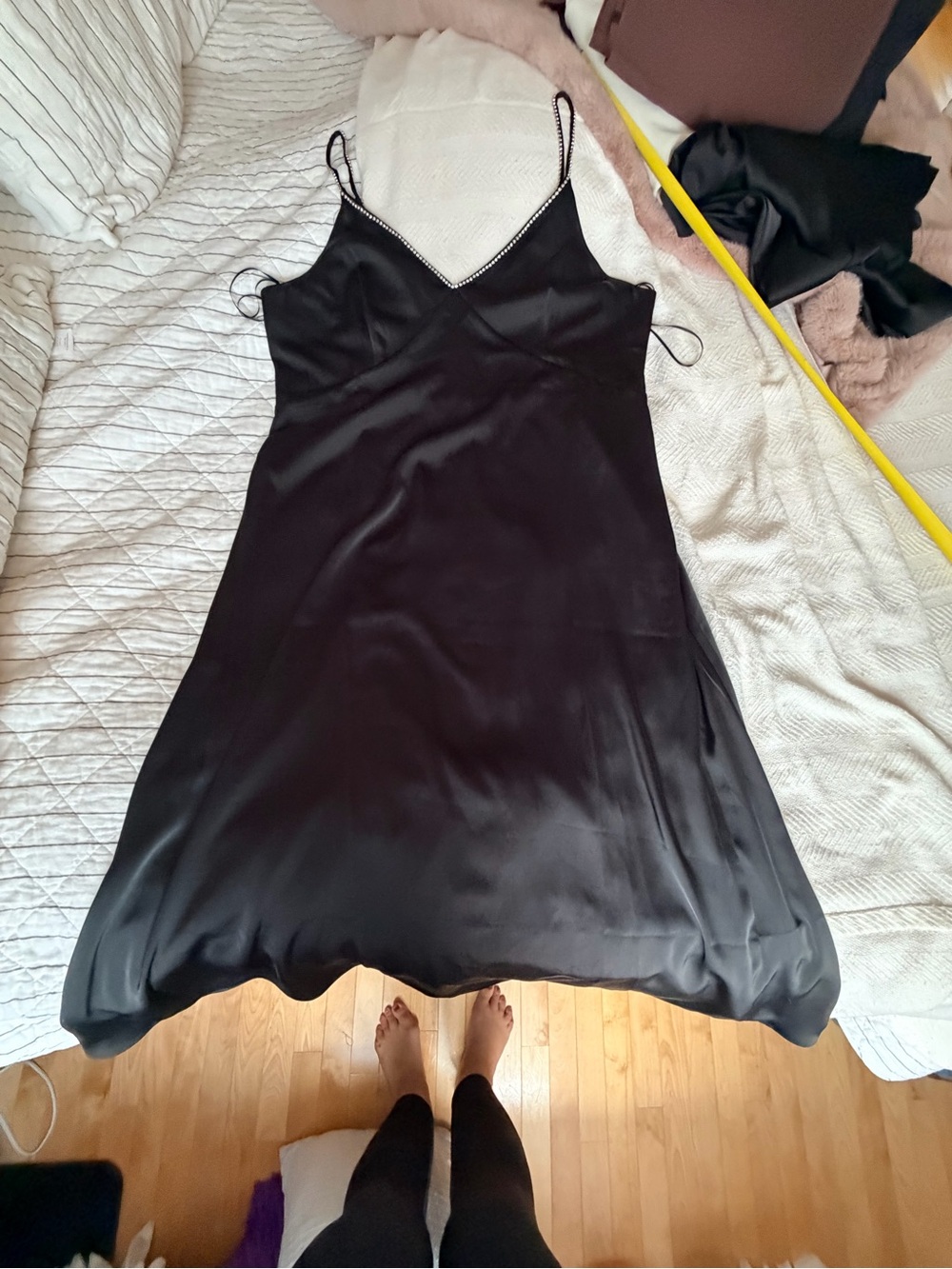 Reitmans Black Satin Midi Slip Dress with Beaded Trim
